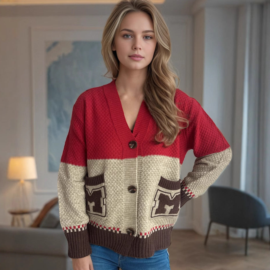 Damen Strickjacke mit dekorativen Taschen und modernem Farbblockdesign EB