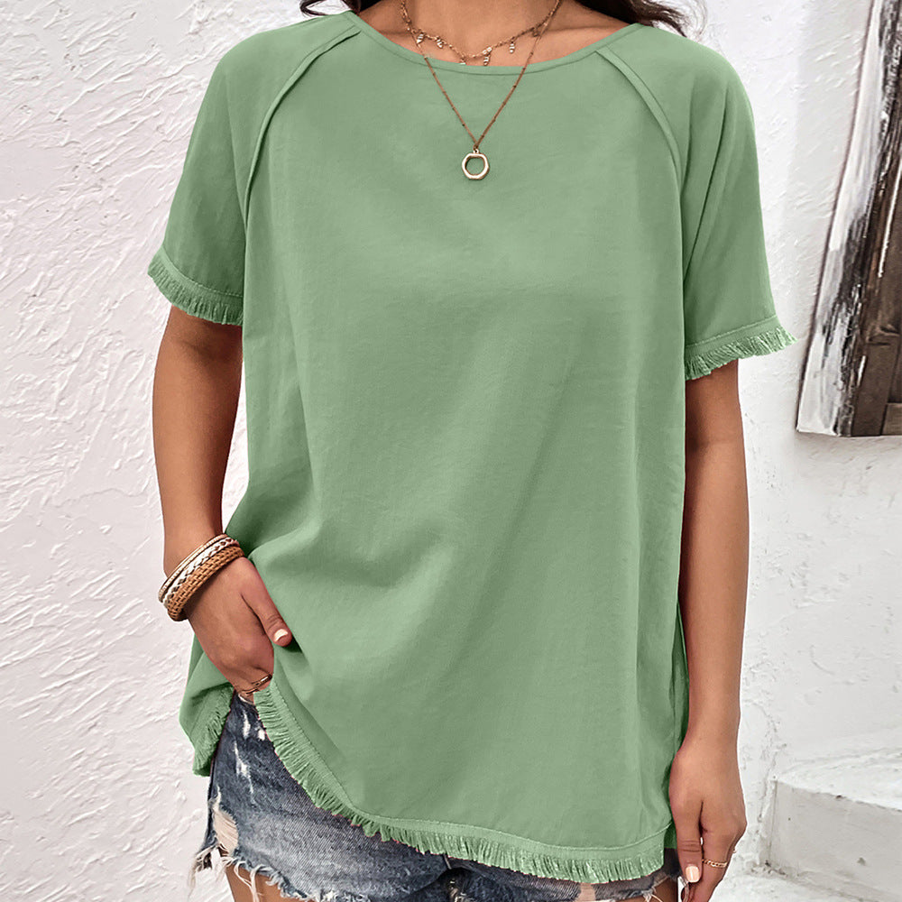 Damen lässiges T-Shirt mit fransigen Ärmeln und Rundhalsausschnitt EB