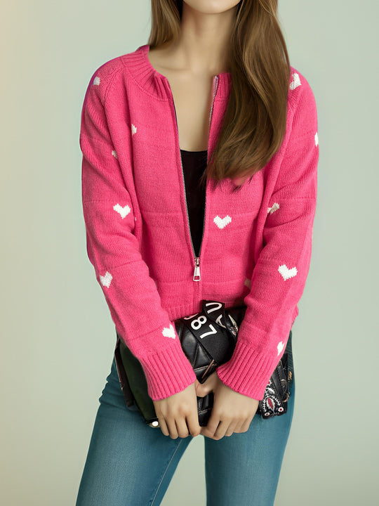 Damen Strickjacke mit Herzmotiv und modernem Reißverschluss EB