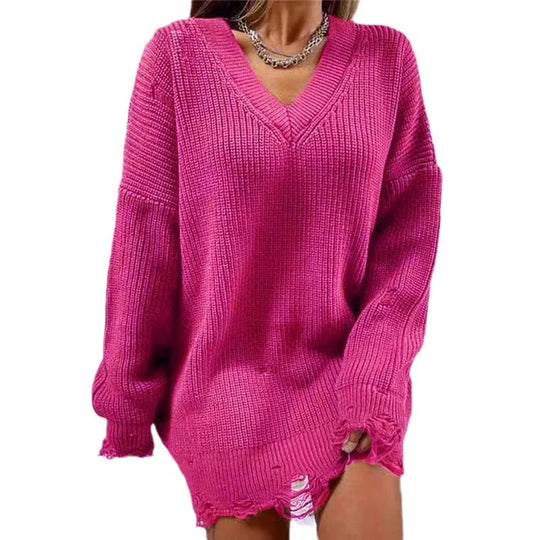 Damen Lässiger Pullover im Oversized-Stil mit V-Ausschnitt und lässigen Fransen EB
