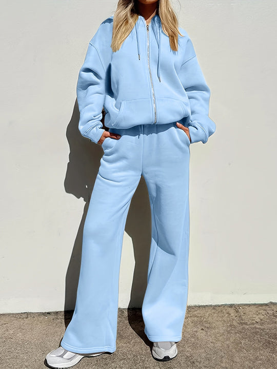 Damen bequemer und stilvoller Loungewear-Anzug mit zipbarem Hoodie und weitem Bein EB