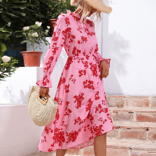 Damen Maxikleid mit floralem Print und angenähtem Bindeband EB