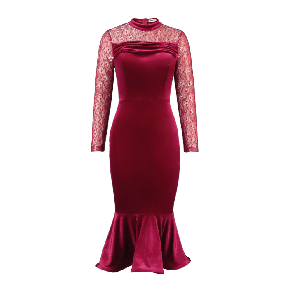 Damen Elegant Fit-and-Flare Kleid mit Spitzenärmeln EB