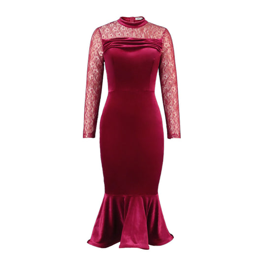 Damen Elegant Fit-and-Flare Kleid mit Spitzenärmeln EB
