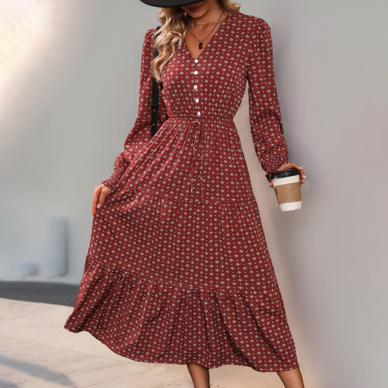 Damen Langarm-Wickelkleid mit floralen Details und Taillenbindung EB