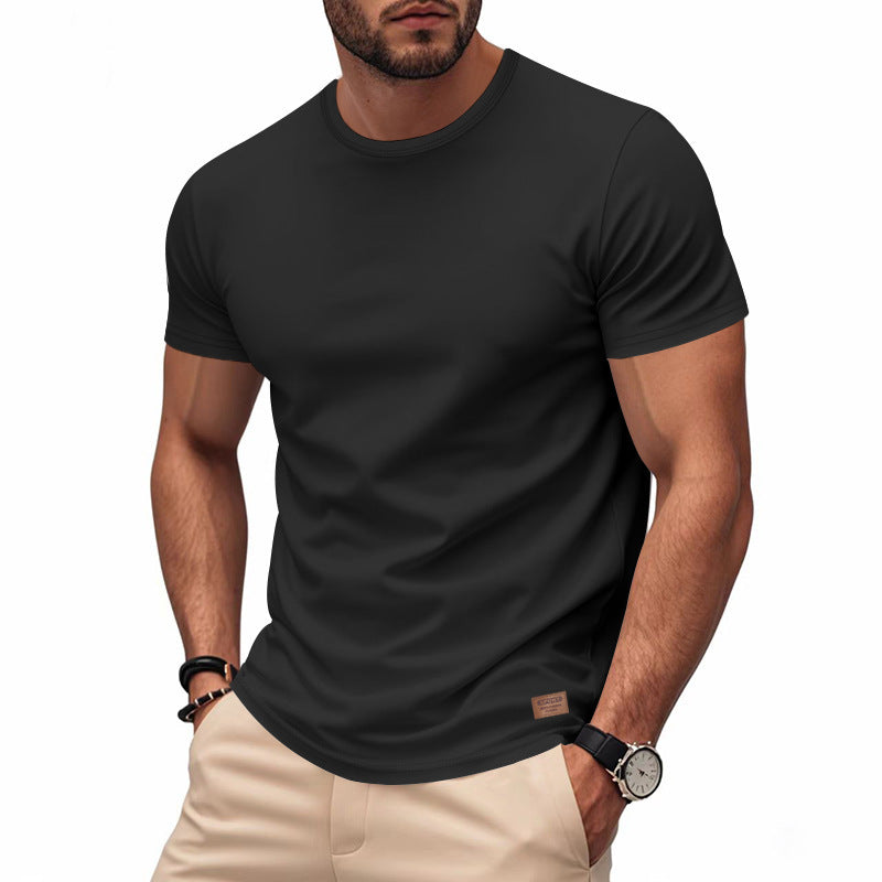 Herren nan schlankes Rundhals-T-Shirt aus glattem Stretchjersey mit dezenter Leder-Logoapplikation EB