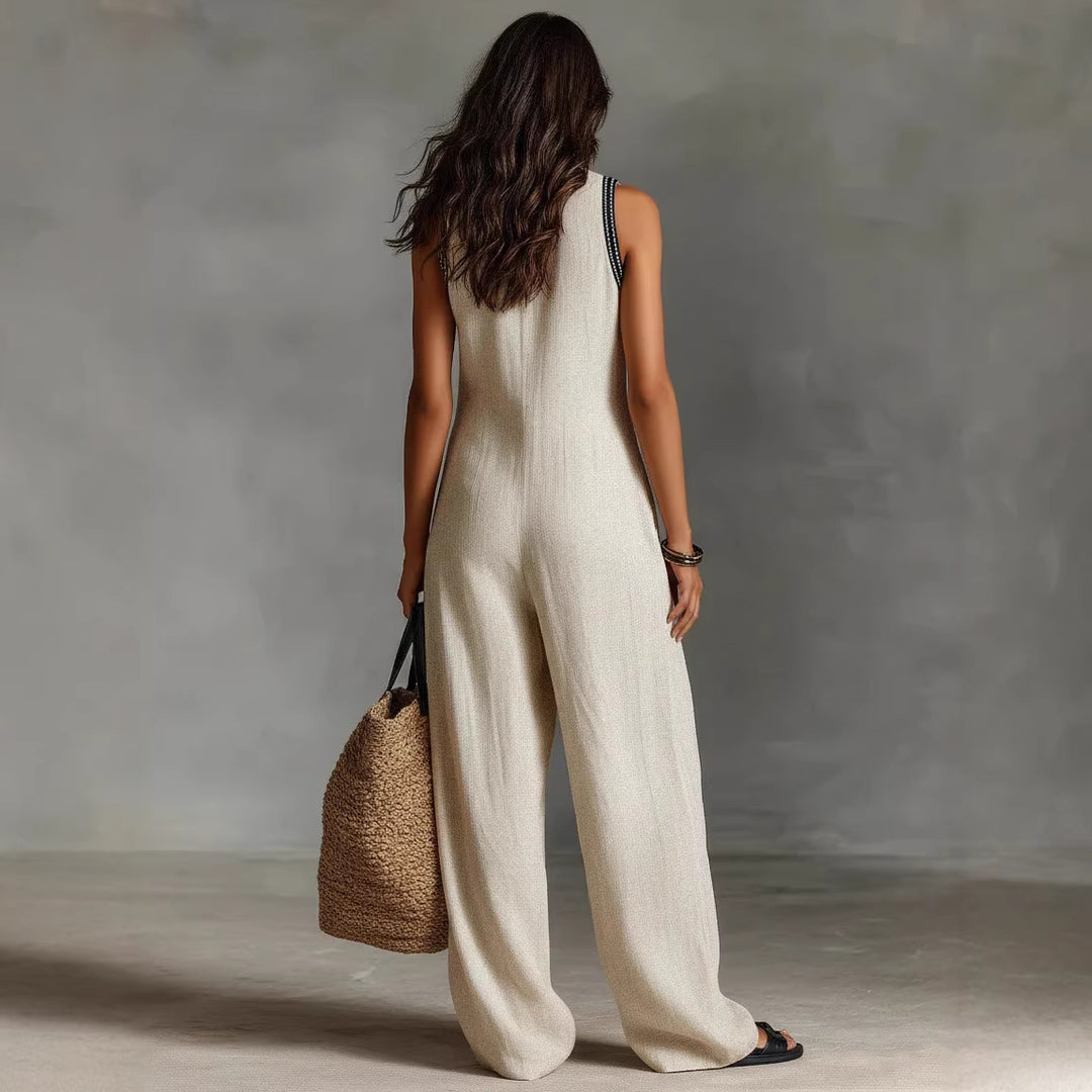 Damen luftiger Jumpsuit mit elegantem V-Ausschnitt und besticktem Kragen EB