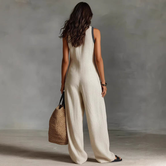 Damen luftiger Jumpsuit mit elegantem V-Ausschnitt und besticktem Kragen EB