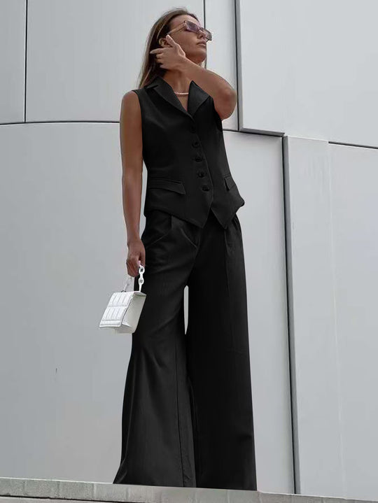 Damen Ärmelloses Tailoring-Zweiteiler mit taillierter Weste und weiter Marlenehose EB