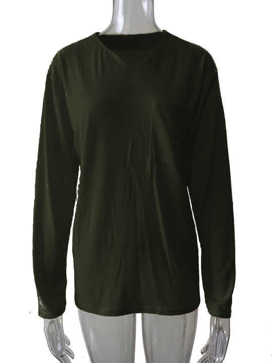 Damen nan legeres Langarmshirt mit V-Notch-Ausschnitt, Brusttasche und lockerer Oversize-Passform EB