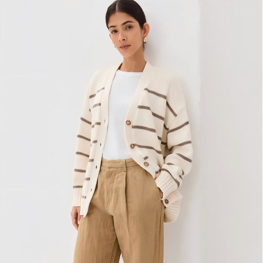 Damen Modischer Streifen-Cardigan mit Knopfleiste und lässigem Schnitt EB