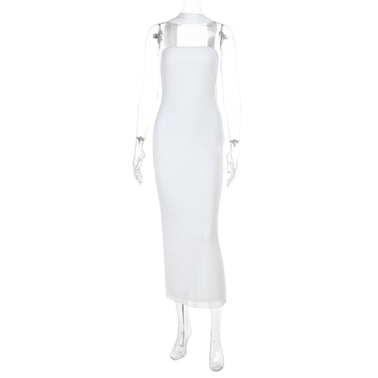 Damen elegantes Maxikleid mit hohem Kragen und figurformendem Schnitt EB