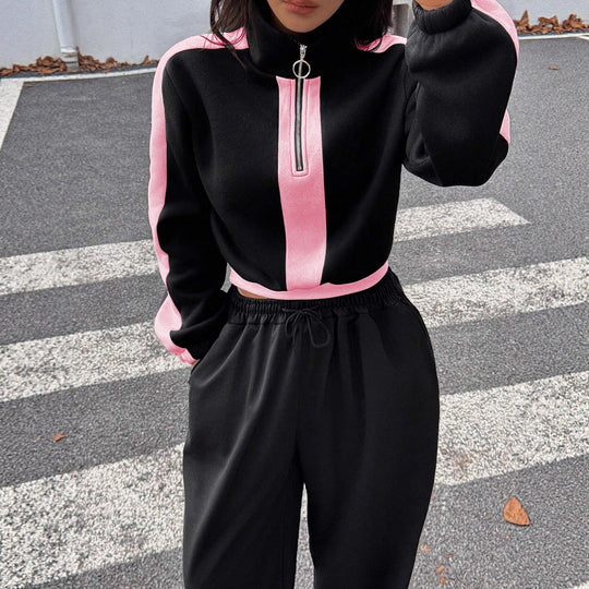Damen kurzes Sweatshirt mit Halbreißverschluss und elastischer Bund Jogginghose Set Eichborn Berlin