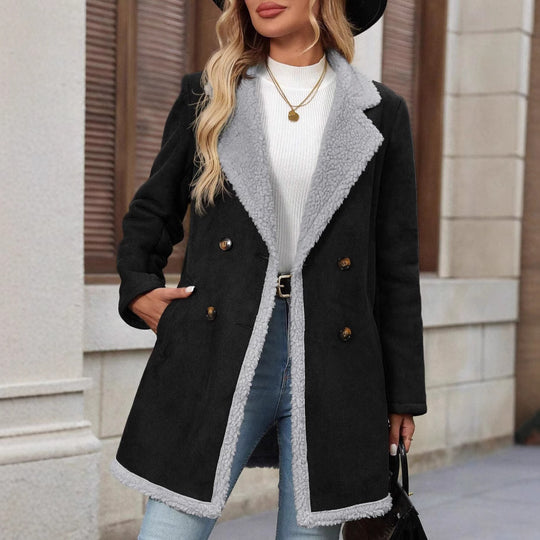 Damen Modische Oversized-Jacke mit Teddyfutter und doppelter Knopfleiste EB