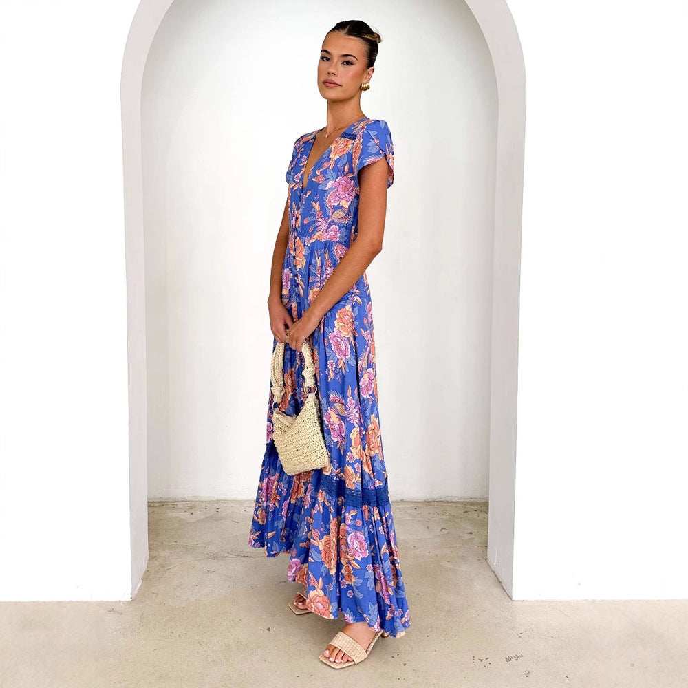 Damen Maxikleid mit tiefem V-Ausschnitt und romantischem Blumenmuster EB