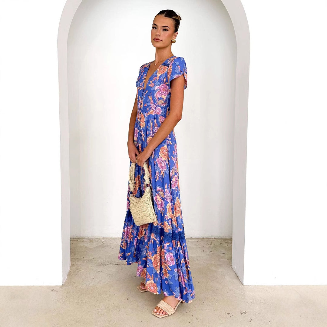 Damen Maxikleid mit tiefem V-Ausschnitt und romantischem Blumenmuster EB