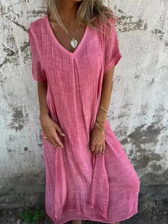 Damen Luftiges Leinenmaxikleid mit V-Ausschnitt und weit schwingendem Saum EB