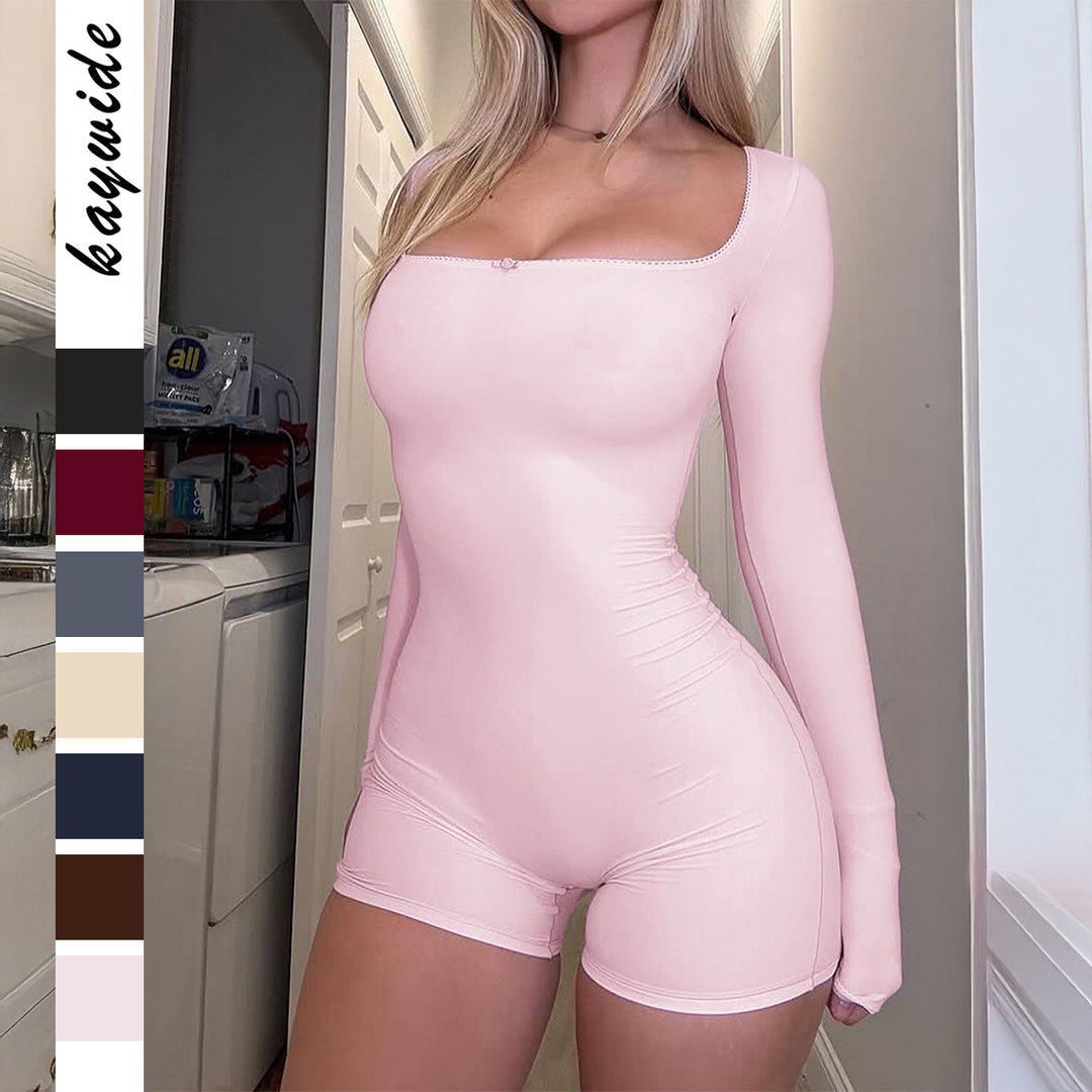 Damen nan figurbetonter Jumpsuit mit quadratischem Ausschnitt, langen Ärmeln und shorts-Länge EB