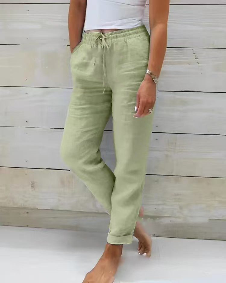 Damen nan lässige Leinenhose mit elastischem Bund Kordelzug und Seitentaschen EB