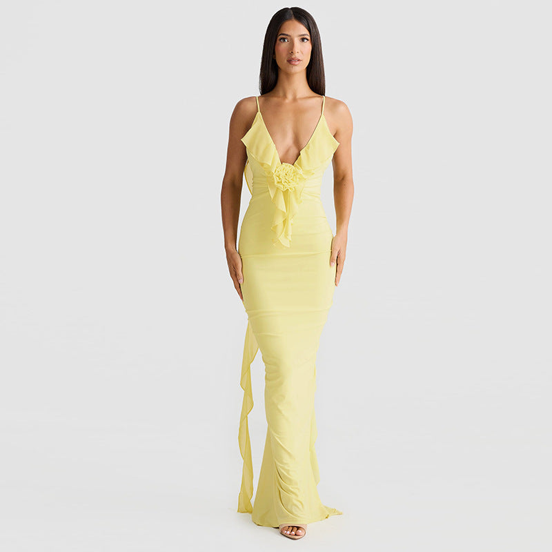 Damen Elegantes Kleid mit fließendem Rüschen-Detail und langen Bändern EB