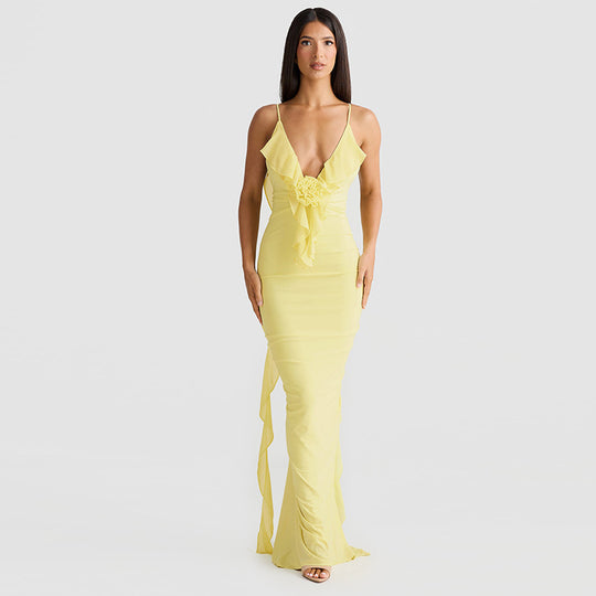 Damen Elegantes Kleid mit fließendem Rüschen-Detail und langen Bändern EB