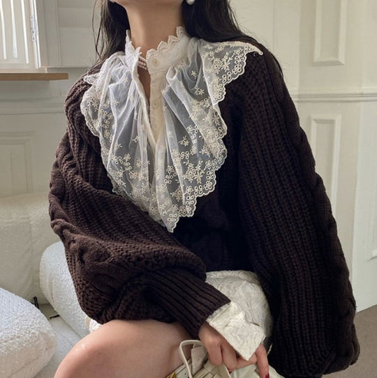 Damen Grobstrick-Pullover mit voluminösen Ärmeln und V-Ausschnitt EB