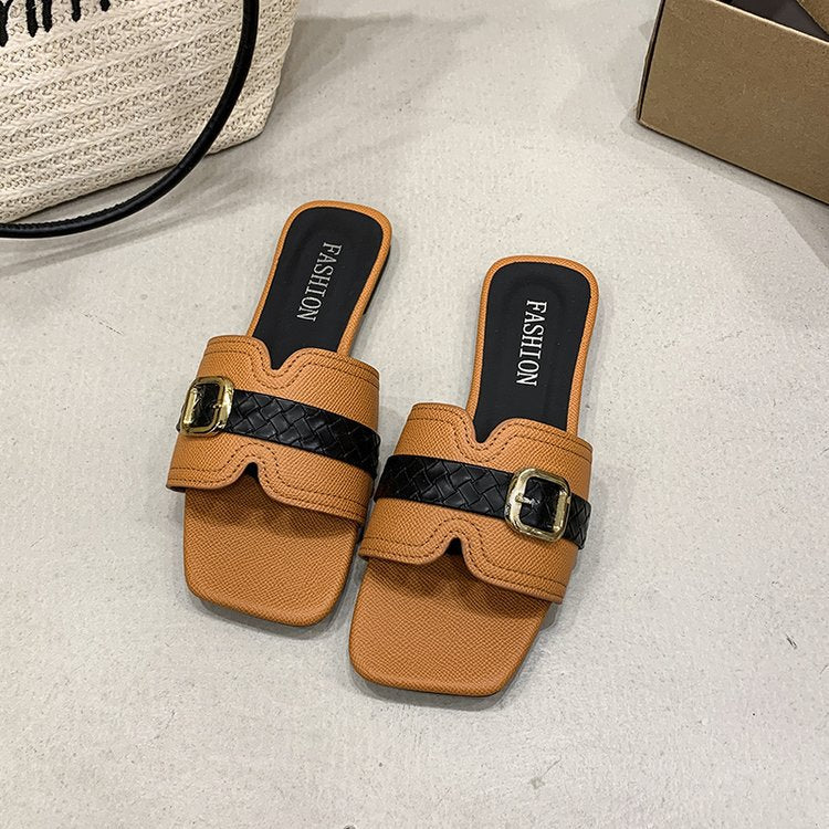 Damen Slide-Sandalen mit modischem Riemendesign und glänzendem Schnallenakzent EB