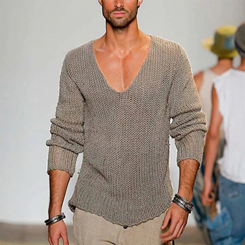 Herren lässiger Strickpullover mit tiefem V-Ausschnitt und komfortablem Schnitt EB