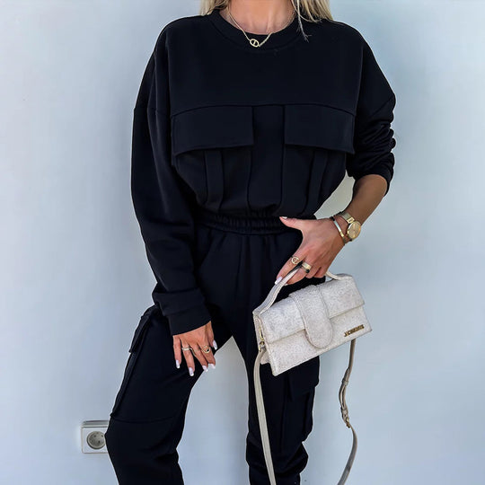 Damen Cargo-Loungewear-Set aus weicher Baumwollmischung mit hoher Taille und aufgesetzten Cargo-Taschen EB