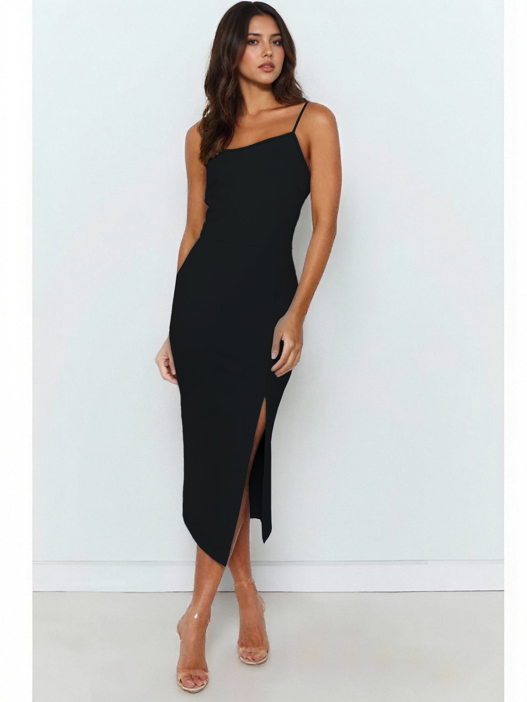 Damen Elegantes Midi-Kleid mit asymmetrischem Saum und Schlitz EB