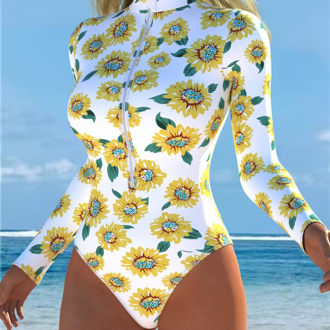 Damen Einteiler Badeanzug mit modischem Blumenmuster und hohem Kragen EB