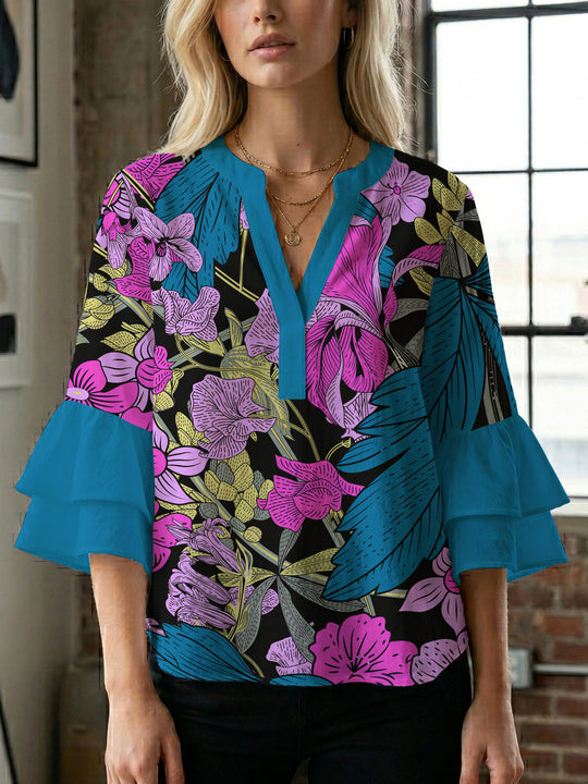 Damen Blusenshirt mit voluminösen Ärmeln und floralem Muster EB