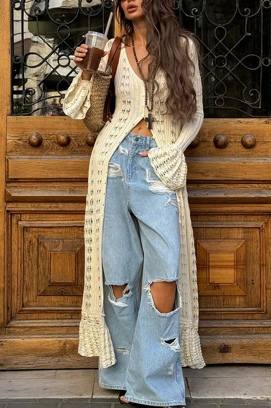 Damen Langer Häkelstrick-Cardigan mit Glockenärmeln und Offener Front EB