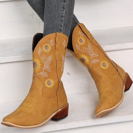 Damen Cowboy-Stiefel mit floralem Stickdesign und robustem Blockabsatz EB