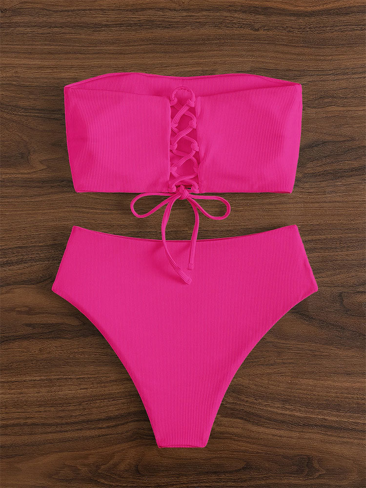 Damen Bandeau-Bikini mit hohem Bund und feinen Streifen EB