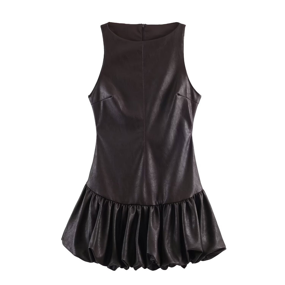 Damen ärmelloses Kunstlederkleid mit voluminösem Rock EB