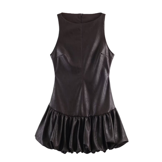 Damen ärmelloses Kunstlederkleid mit voluminösem Rock EB