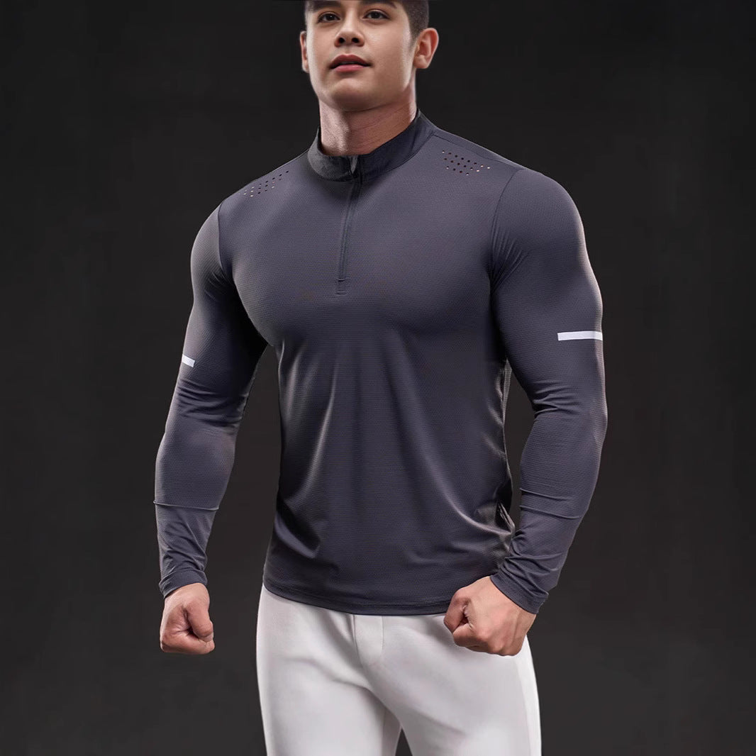 Herren Atmungsaktives Longsleeve Trainingsshirt mit Stehkragen und Kurz-Reißverschluss EB