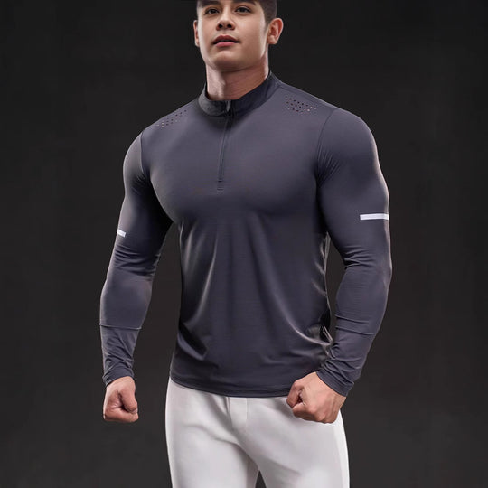 Herren Atmungsaktives Longsleeve Trainingsshirt mit Stehkragen und Kurz-Reißverschluss EB