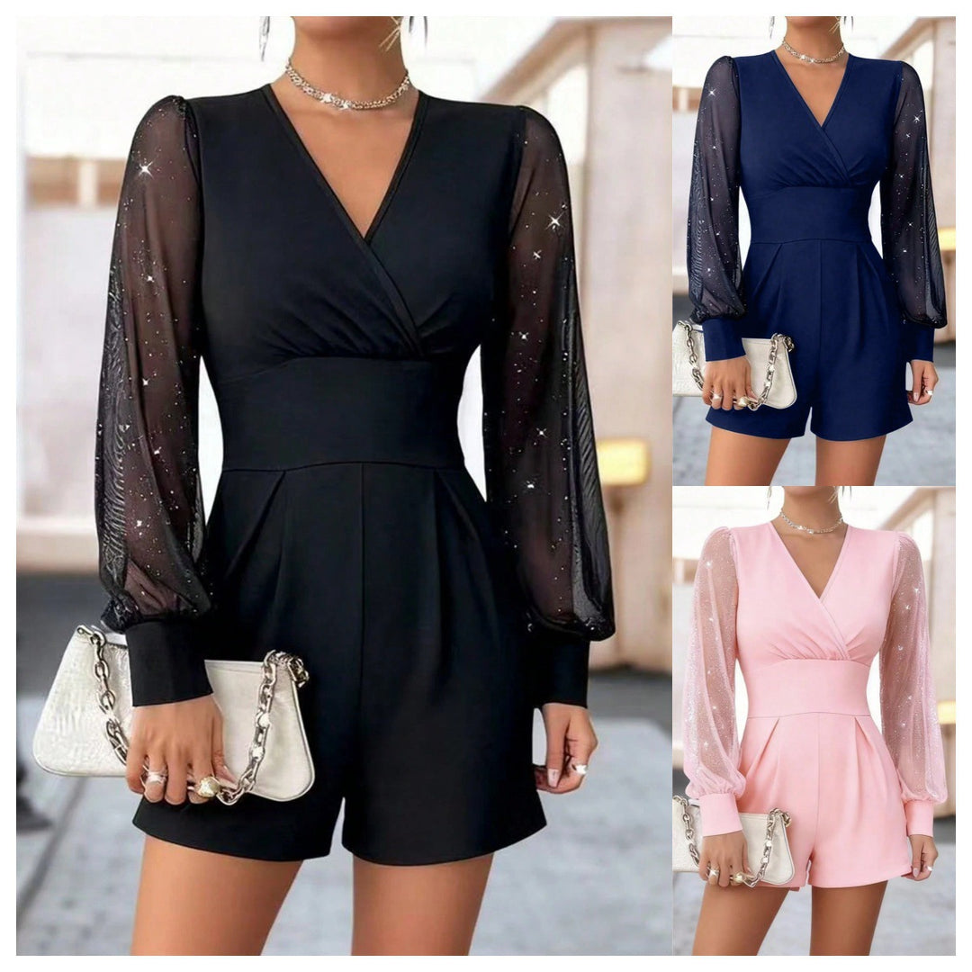 Damen eleganter Jumpsuit mit transparenten Puffärmeln und V-Ausschnitt EB