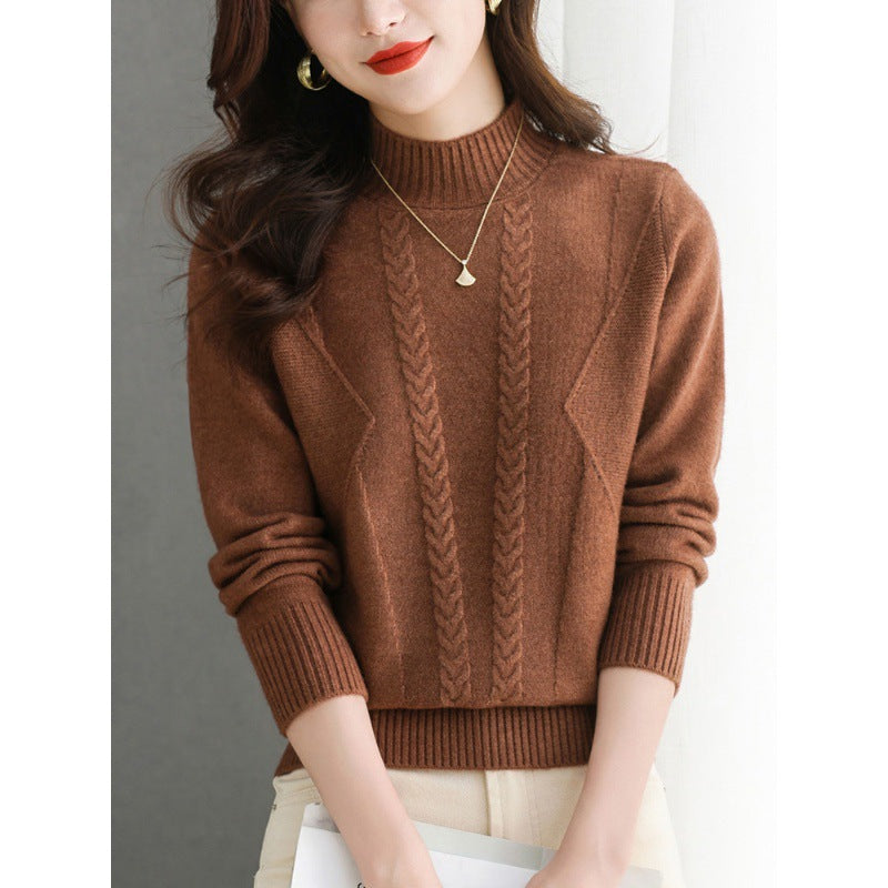 Damen Grobstrickpullover mit elegantem Zopfmuster und hohem Kragen EB