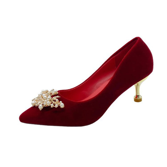 Damen elegante Velours-Pumps mit luxuriösem Perlen-Schmuckdetail EB