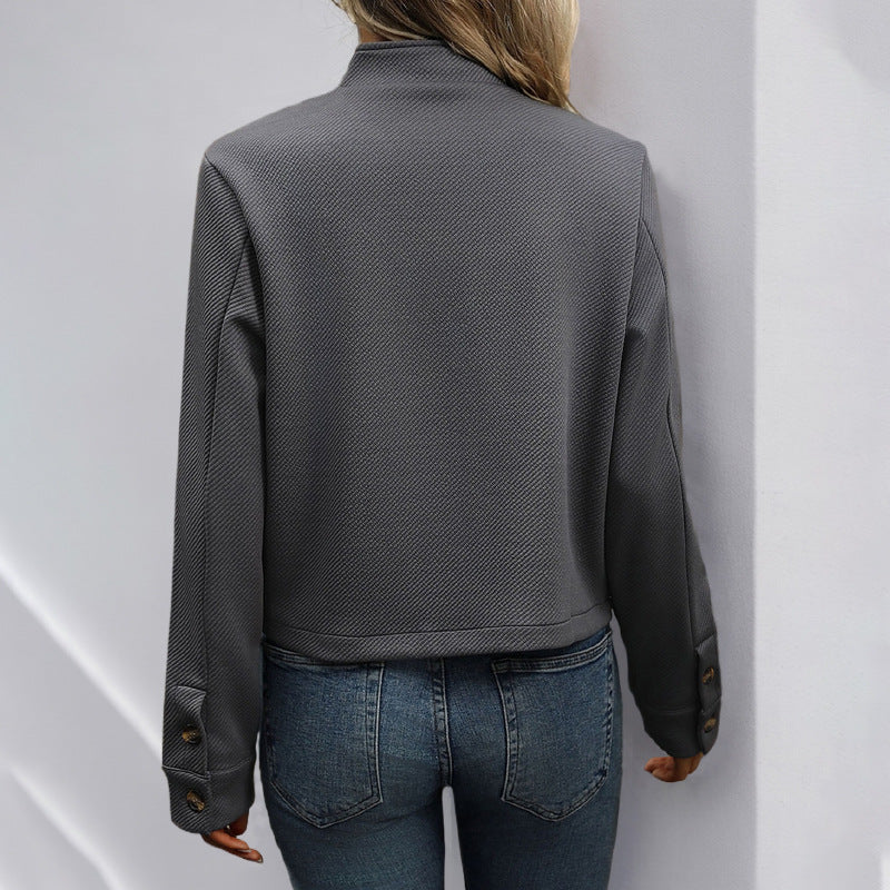 Damen Strukturierte Kurzjacke mit Stehkragen und Knopfleiste EB