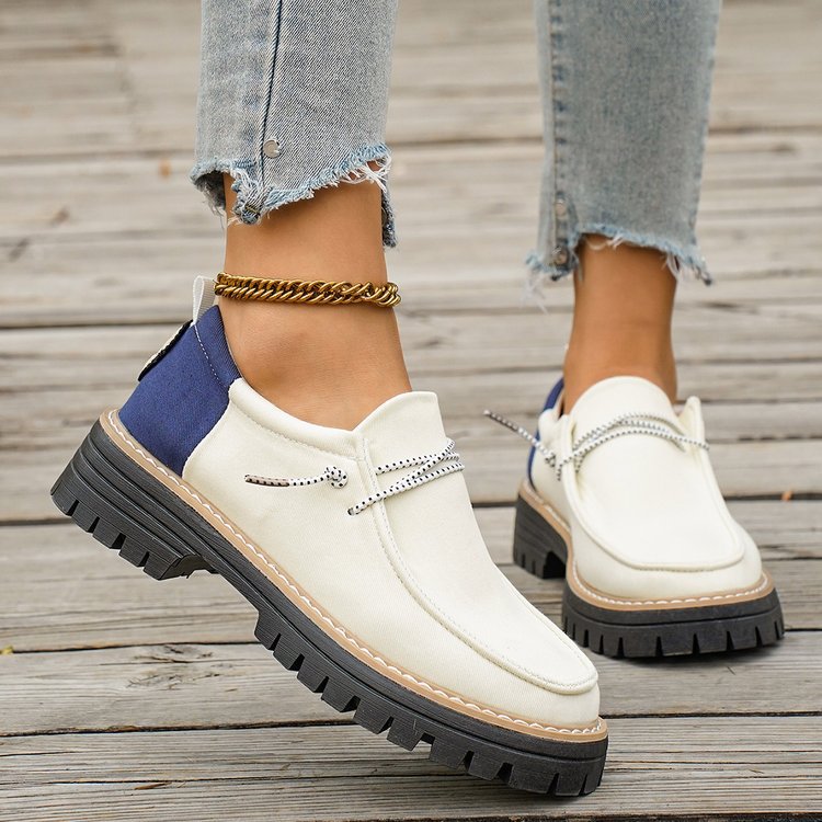 Damen Modische Slipper-Loafer mit grober Profilsohle, Canvas-Obermaterial und dekorativer Kordel EB
