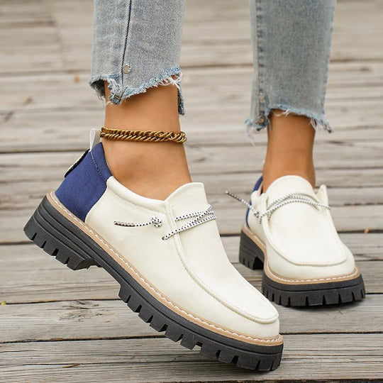 Damen Modische Slipper-Loafer mit grober Profilsohle, Canvas-Obermaterial und dekorativer Kordel EB