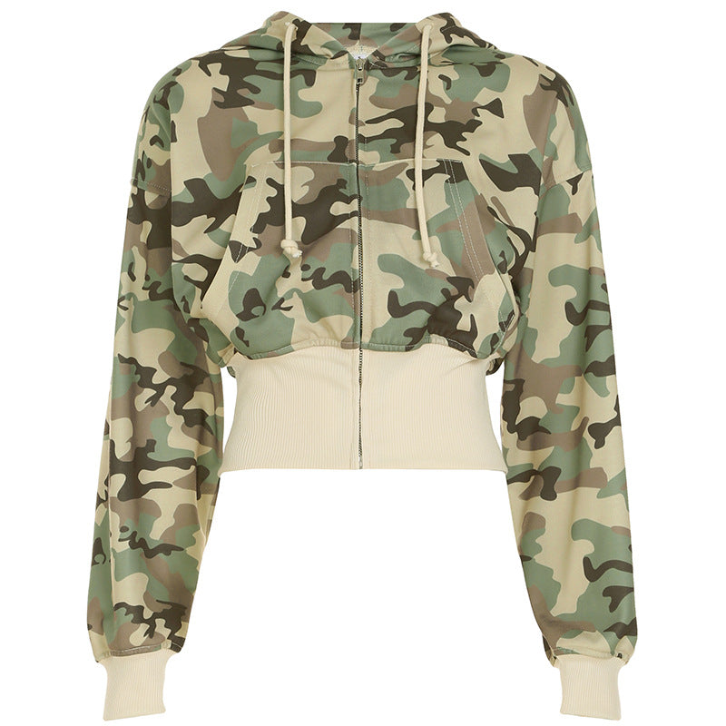 Damen nan kurz geschnittene Kapuzenjacke mit Camouflage-Muster, Frontreißverschluss, Kängurutasche und weitem Rippbund EB