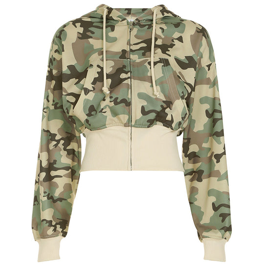 Damen nan kurz geschnittene Kapuzenjacke mit Camouflage-Muster, Frontreißverschluss, Kängurutasche und weitem Rippbund EB