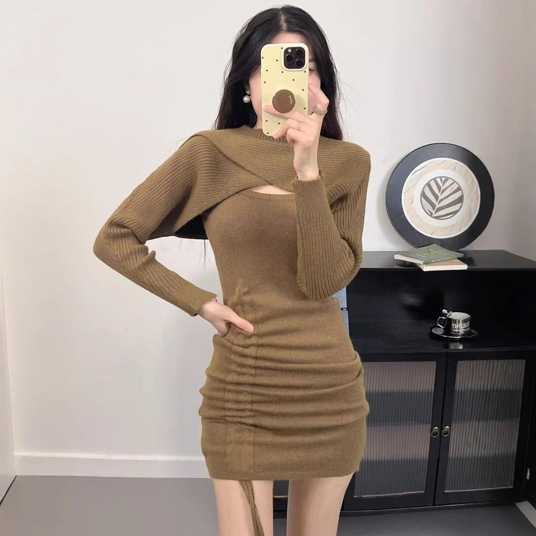 Damen Strickkleid mit asymmetrischem Ausschnitt und gerafftem Design EB
