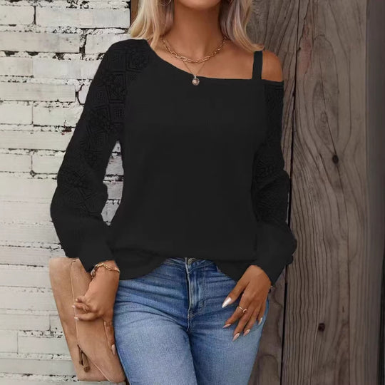Damen Elegantes Strickoberteil mit asymmetrischem Ausschnitt und verzierten Ärmeln EB