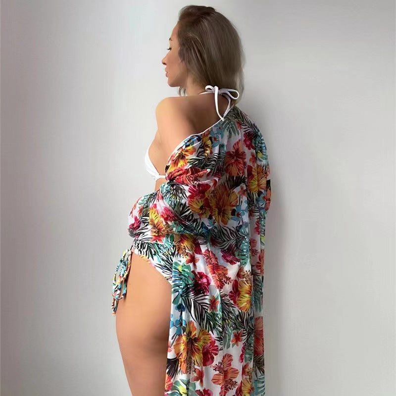 Damen Bikiniset mit hohem Bund und floralem Überwurf EB